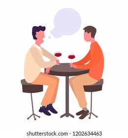 Two men sit at the table and drink wine. Dialogue of two people