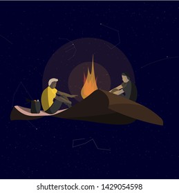 Two men sit and warm themselves by the fire on a flying carpet in space. Funny vector illustration on the theme of travel, danger.