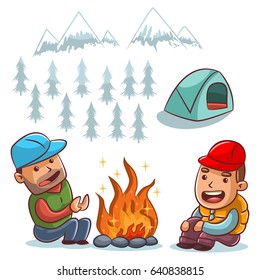 Two men are sitting by the campfire. Hiking in the mountains and camping. Tourism outdoors. Vector cartoon illustration isolated on white background.