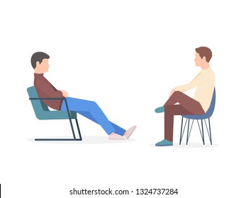 Two Men Sitting In Chairs Facing Each Other And Talking. Vector Illustration In Trendy Flat Style Isolated On White Background