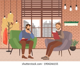 Two men are sitting in chairs in the room making notes in nitebooks holding paper and pen. Buiness man, manager or superviser or interviewer. Male character, journalist writing down some information