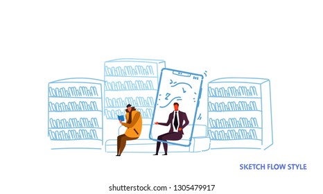 two men sitting couch reading book and using mobile app listening audio book e-learning education concept library interior sketch flow style horizontal