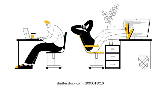 Two men are sitting at desks in an office among flowers and working at computers. Vector illustration in the style of outline on the topic of computer work and workspace.