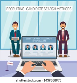 Two Men Sitting in front Employer. Selection and Assessment of Specialists. Recruiting Candidate Search Methods. Open Vacancy. Candidate Position Illustration. Recruitment Agency. Review Resume