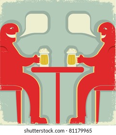 Two men are sitting with glasses of beer who toast.Vector vintage poster