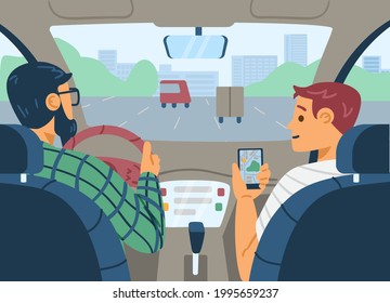 Two men sitting inside car, passenger showing to driver navigator app map, flat vector illustration. Mobile application for road navigation and route planning.