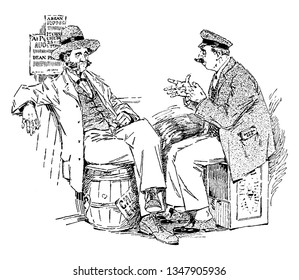 Two men sitting on barrels and talking, vintage line drawing or engraving illustration