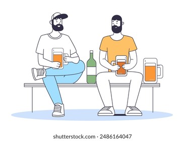 Two men sitting on a bench with beer mugs and a wine bottle casual conversation minimalist style modern flat design social interaction
