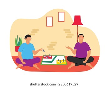 Two men sitting on floor playing board game at home with interior pictures, lamps and plants in living room. Character designs. Vector flat illustration