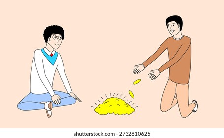 Two men are sitting on the ground, one of them getting a handful of gold coins. The other man is reaching out to take the coins from him. The scene is playful and lighthearted
