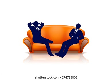 two men sitting on new orange couch on white background