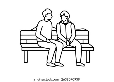 Two men sitting on a park bench line drawing illustration