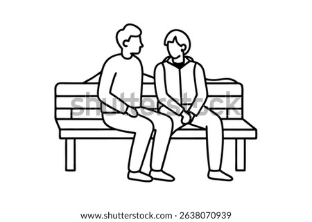Two men sitting on a park bench line drawing illustration