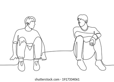 two men are sitting the roofs keeping their distance   looking at each other  one line drawing two friends communicate at distance