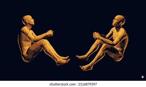 Two men are sitting opposite each other on the floor, looking up and thinking about a problem. 3D vector illustration.