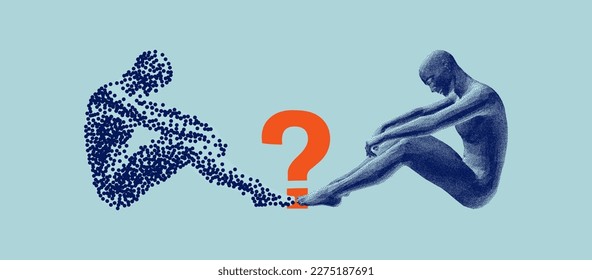 Two men are sitting opposite each other on the floor, looking down and thinking about a problem. Question mark symbol. Illustration of the communication between two humans. Battle with yourself.
