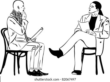 two men sitting reading something wooden chair
