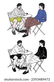 Two men sitting in a restaurant Sketch style illustration