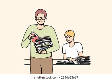 Two men sitting and standing with piles of books in library. Guys making choice in bookstore, bookshop. Students are preparing for lesson, exam at university. Vector outline colorful illustration.