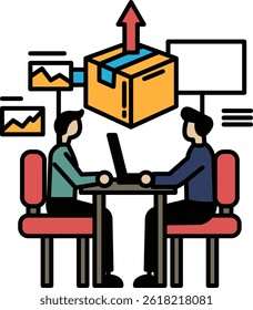 Two men sitting at a table with a box in the middle. The box is labeled "up" and the men are looking at it