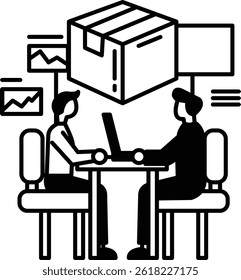 Two men sitting at a table with a box in the background