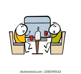 Two men are sitting at   table in the carriage and drinking alcohol. Vector illustration of a railway and friendly fellow travelers talking with food. Isolated character on white background.