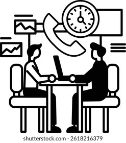 Two men sitting at a table with a clock in the background