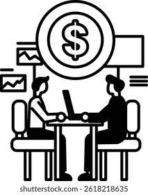 Two men sitting at a table with a dollar sign in the middle