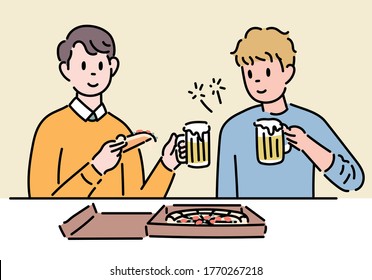 Dos hombres están sentados en la mesa comiendo pizza y cerveza. ilustraciones de diseño vectorial de estilo dibujado a mano.