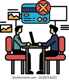 Two men sitting at a table with a laptop in front of them. One of the men has a card on the table that says "X"
