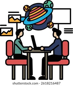 Two men sitting at a table with a laptop in front of them. The laptop is open and they are working together