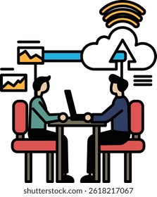 Two men sitting at a table with a laptop in front of them. The laptop is open and the men are looking at it. Concept of collaboration and productivity