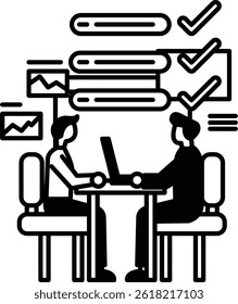 Two men sitting at a table with a laptop in front of them