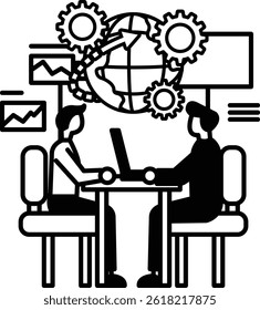Two men sitting at a table with a laptop in front of them