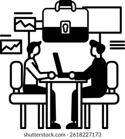 Two men sitting at a table with a laptop in front of them