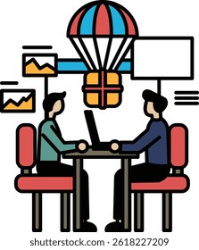 Two men sitting at a table with a laptop in front of them. Concept of collaboration and teamwork