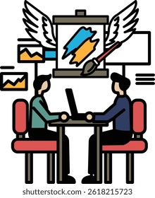 Two men sitting at a table with laptops, one of them holding a paintbrush. Concept of collaboration and creativity, as the men work together on a project