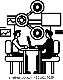 Two men sitting at a table with laptops one of them is wearing a hat
