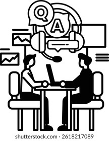 Two men are sitting at a table one of them is wearing a headset
