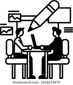 Two men sitting at a table with a pen on the table
