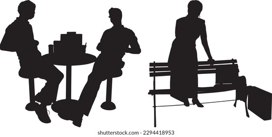Two men sitting at a table and a woman is sitting on a bench with a bag