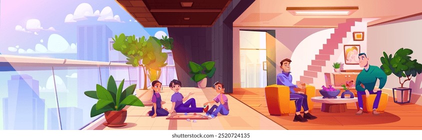 Dois homens sentados e conversando no interior da sala de estar, e três adolescentes sentados no chão da varanda e jogar jogo de tabuleiro. Ilustração vetorial de desenhos animados de amigos passam tempo juntos em casa na cidade.