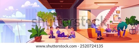 Two men sitting and talking in living room interior, and three teenagers sitting on floor of balcony and play board game. Cartoon vector illustration of friends spend time together at home in city.