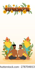 two men sitting together under summer banner on beach