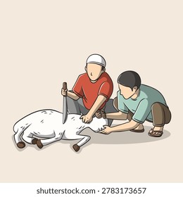 Two men slaughtering a goat for Eid al-Adha celebration