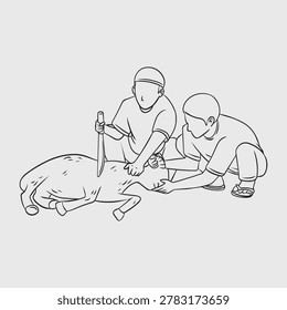 Two men slaughtering a goat for Eid al-Adha celebration