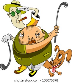 Two men and a small dog play golf (vector);