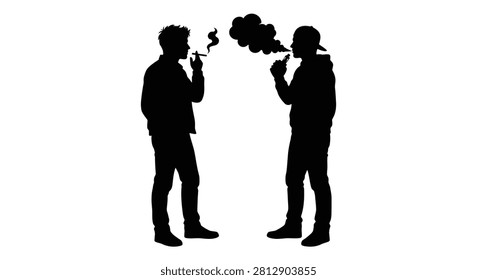 Two men smoking cigarettes black silhouette against a white background