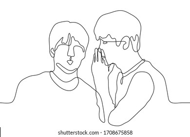 Two men stand close by, one whispers something in the ear of the other. The whisperer holds a palm by the mouth. The listener opened his mouth in surprise. Continuous line art. Whisper a secret, rumor