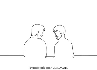 two men stand close to each other and smile - one line drawing vector. concept friendly conversation, laugh together, funny joke